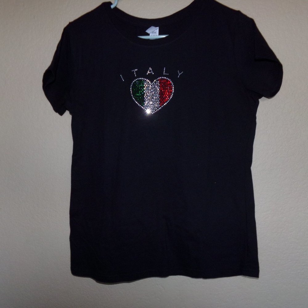 A Women's T Shirt Black Sequins Small Green White Red "ITALY"